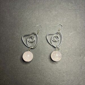 Abstract Pink & Silver Swirl Metal Heart Glass Pearl Dangle Drop Earrings 2.5"